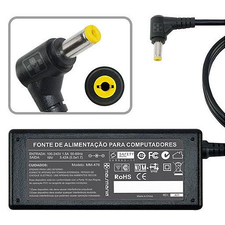 FONTE PARA NOTEBOOK 19V 3.42A 5.5 X 1.7 ACER MM479 MAIS MANIA