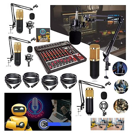 Setup Sistema Podcaster Com 04 Microfone Com Braços Articulado Cabos Balanceados Cabo USB Mesa Interface USB Para Live Streaming On Demand