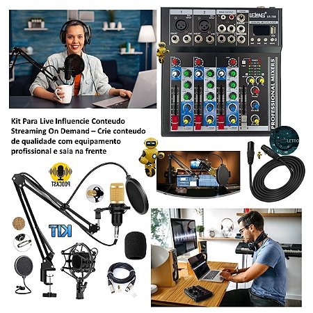 Kit audio para live influencie digital criador de conteudo produtor independente jd streaming on demand podcaster mesa interface de audio usb com microfone estudio profissional com braço articulado