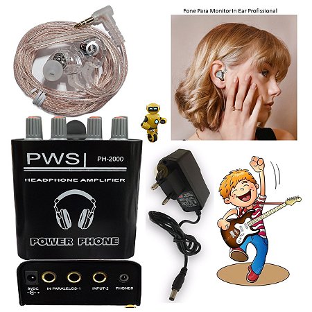 Kit Monitor de Palco Fone In Ear Gk G5 Super Bass Com Amplificador de Fone PH-2000 PWS