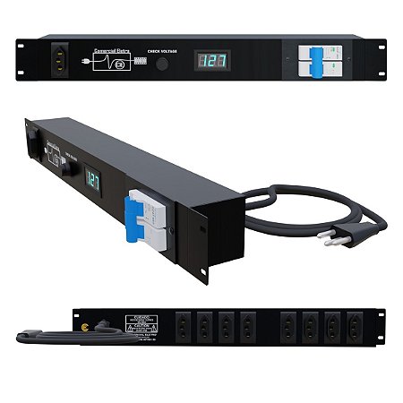 Regua de AC Plug 20A Profissional RT9 Padrão Rack Com 8 Tomadas 20A Parte Traseira 1 Tomada 20A Parte Frontal Com Disjuntor 32A Liga-Desliga