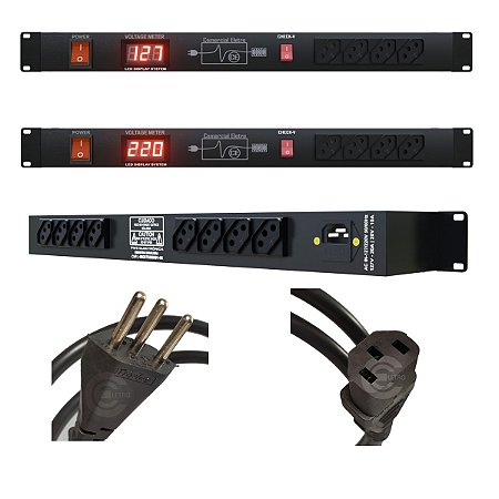 Régua De Ac Padrão Rack Profissional CE12 Para Sistema De Som TV Radio Estudio Iluminação 110/220 - 2500W 12 Tomadas 10A Com Sistema Check In Voltagem
