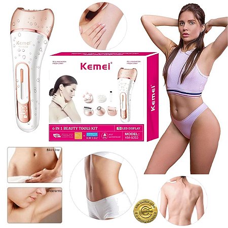 Depilador Feminino Elétrico Kemei KM 6053 6 em 1 Recarregável Sem Fio Para Corpo, Rosto, Axila e Virilha – Depilação Suave Pela Raiz