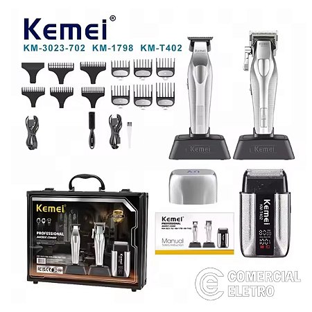 Combo Kemei Profissional KMT-402 3 em 1 - Máquina de Corte, Acabamento e Shaver Titanium - Kit Completo Barbeiro