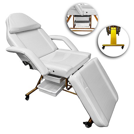 Poltrona Maca Fixa Reclinável Soft Branca Plastificada base Dourado Com 2 Bandejas - Akmed