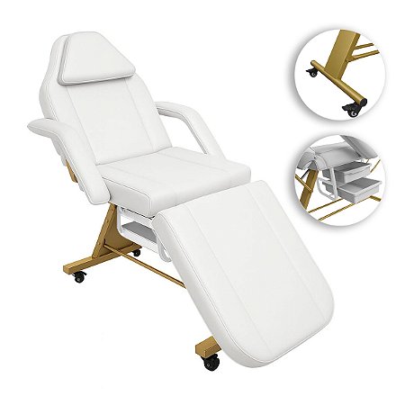 Poltrona Maca Fixa Reclinável Soft Branca base Dourado Com 2 Bandejas - Akmed
