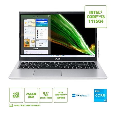 Notebook Acer Aspire 3 Intel Core i3 1115G4 4GB Ram SSD 256GB LED 15.6" Full HD - Windows 11 Home Edition