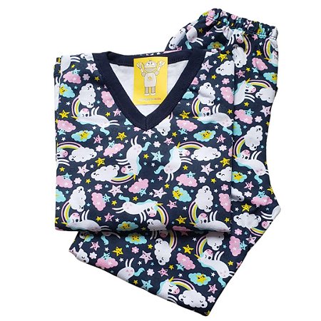 Pijama Infantil Flanelado - 4 ao 8 - Unicórnio Marinho