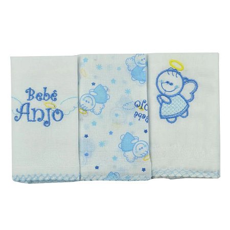 Kit com 3 unidades - Babete bordada - ANJO AZUL