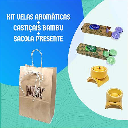 Kit Velas Capim Limão e Lavanda Francesa + 2 Castiçais Bambu