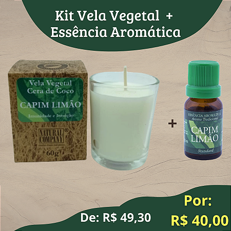 Kit Vela Vegetal 60 g+ Essência Aromática 10 ml: Capim Limão