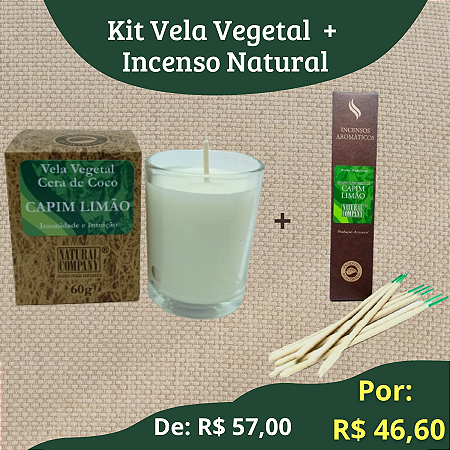 Kit Vela Vegetal 60 g+Incenso Natural 8 Varetas: Capim Limão