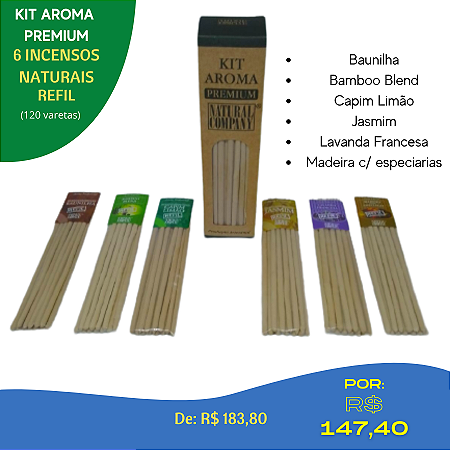 Kit Aroma Premium 6 Incensos Naturais Refil - 20 Var.