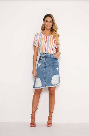 Saia Evasê Jeans Sustentável Assimétrica Com Cós Deslocado Laura Rosa Jeans
