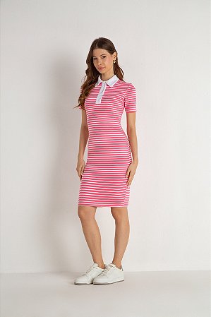 Vestido Tubinho Malha Gola Polo Listrado Simone Laura Rosa 100CM 810783