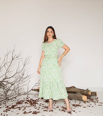Vestido em Crepe Flores Verde Valentina Sirrah