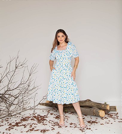 Vestido em Crepe Jati Floral Azul Valentina Sirrah