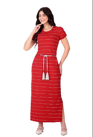 Vestido Ingrid em malha listrada e ribana Vermelho Hapuk