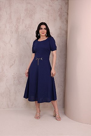 Vestido em Linho Raquel Azul Marinho Jana Marcal