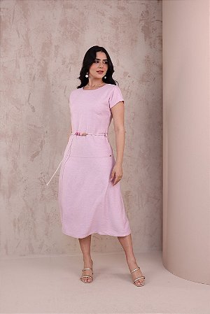 Vestido em Viscose Midi Rosa com cinto Noemi Jana Marcal