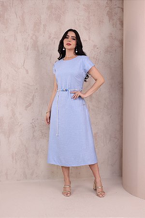 Vestido em Viscose Midi Azul com cinto Noemi Jana Marcal