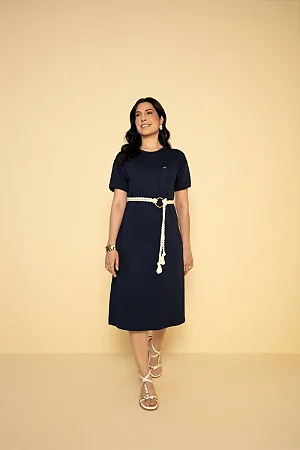 Vestido T-Shirt Moletinho Azul Marinho Com Cordão Hadaza