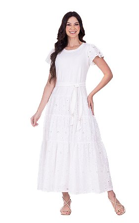 Vestido Em malha Lisa De Viscose e Laise De Algodão Branco Eva Hapuk