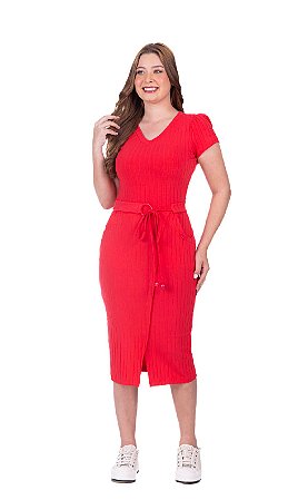 Vestido em Malha Canelada Maria Rita Vermelho Hapuk