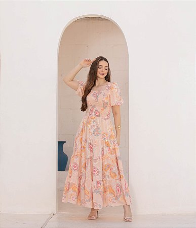 Vestido Em Crepe Silk Premium Caxambu Salmão Valentina Sirrah