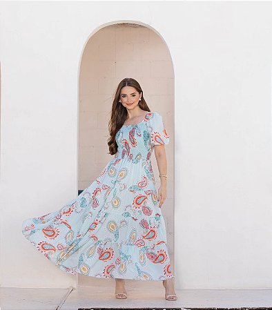 Vestido Em Crepe Silk Premium Caxambu Azul Valentina Sirrah