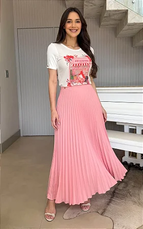 Saia Maxi Midi Plissada Melissa Rosa Tata Martello