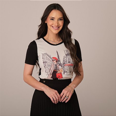 Blusa Curta Estampada Cintia Paris Preta - Tata Martello