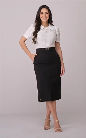 Saia Midi com Detalhe em Metal e Fenda Frontal Meire Preta - Tata Martello