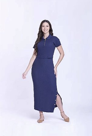 Vestido Fátima Confeccionado em Malha Canelada Azul - Hapuk