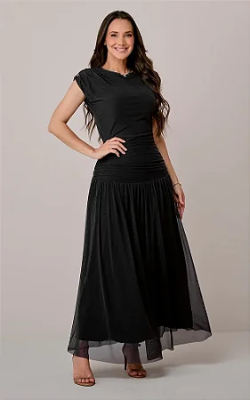 Vestido Longo com Drapeado no Tule Aurora Preto - Tata Martello