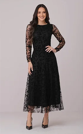 Vestido Maxi Midi em Tule Flocado Tabata Preto - Tata Martello
