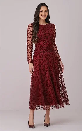 Vestido Maxi Midi em Tule Flocado Tabata Vinho - Tata Martello