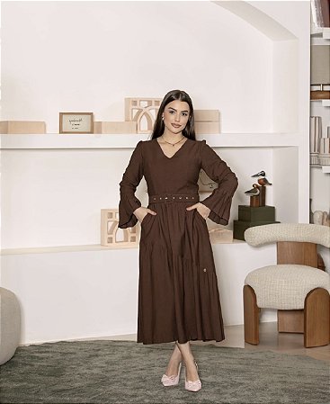 Vestido em Alfaitaria Marrom com Cinto Forrago Araponga - Valentina Sirrah