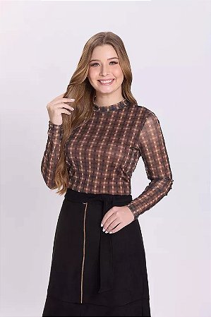 Blusa em Tule Xadrez Zoe Marrom - Hapuk