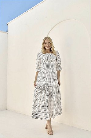 Vestido em Crepe Estampa de Poá Sorento Branco - Valentina Sirrah