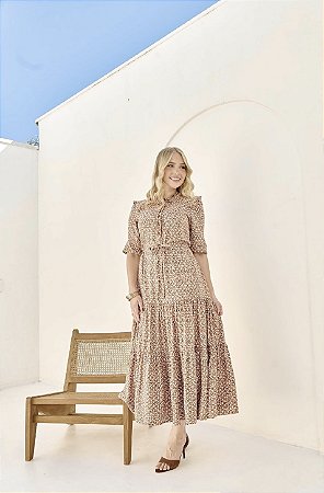 Vestido em Viscose Estampa Floral Caramelo - Valentina Sirrah