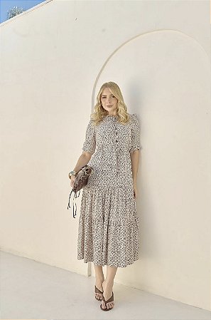 Vestido em Viscose Estampa Floral Off White - Valentina Sirrah