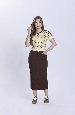 Saia Confeccionada em Jeans Color com Elasticidade Marrom Simone Hapuk