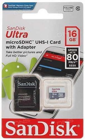 CARTÃO MEMORIA MICRO SD 16GB ULTRA SANDISK - P1