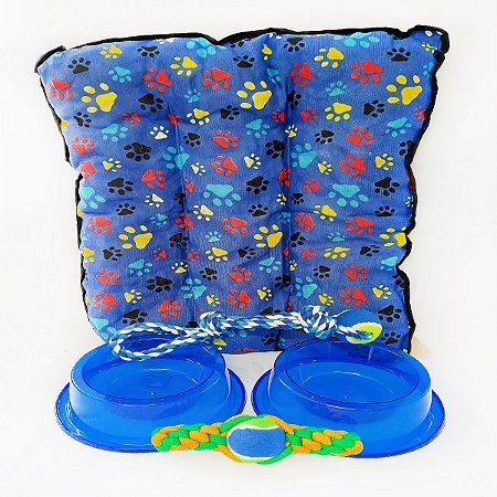 Kit Cão Cama Colchonete Comedouro Brinquedo Corda DOG1006KT