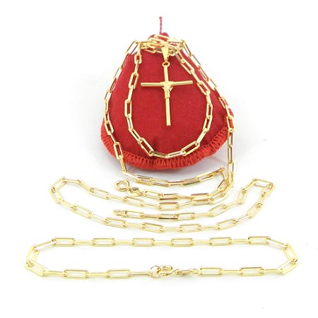 Corrente Masculina 70cm 3mm Cruz Pulseir Folheado Ouro CR680