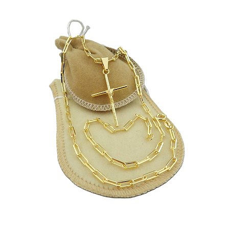 Corrente Masculina 80cm 3mm Cruz 35mm Folheado Ouro CR681