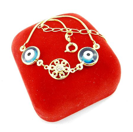 Pulseira Feminina 17/22cm 1mm Olho Grego Folheada Ouro PL493