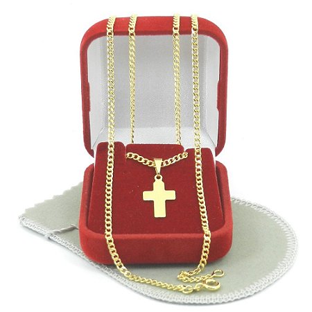 Corrente Masculina 70cm 2mm Cruz Folheado Ouro 18k CR518