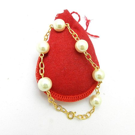 Pulseira Feminina 20cm Perola 10mm Banhada Ouro 18K PL307
